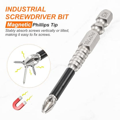 HARFINGTON 6pcs Impact Phillips Screwdriver Bit PH2 (#2) Anti Slip Tip 1/4" Hex Shank 2.76" (70mm) Long Magnetic Cross Screw Driver Industrial Power Drill Bits for Remove Fastening Screws - size: 2.76 inch