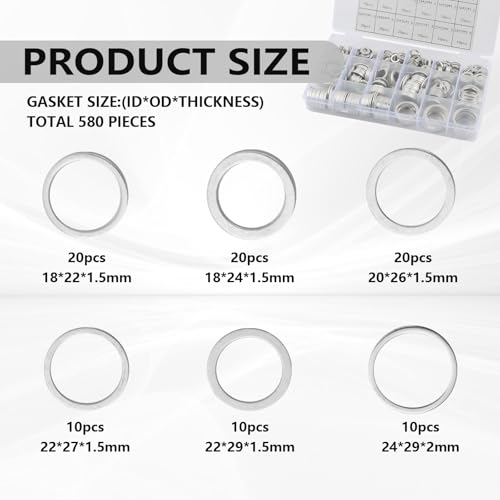 580PCS Car Oil Drain Plug Gasket Kit,Oil Crush Washer Assortment with 18 Dimensions Includes M6/M8/M10/M12/M14/M16/M18/M20/M22/M24 for Sealing,Practical Car Accessories Gasket Kit