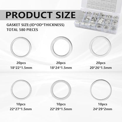 580PCS Car Oil Drain Plug Gasket Kit,Oil Crush Washer Assortment with 18 Dimensions Includes M6/M8/M10/M12/M14/M16/M18/M20/M22/M24 for Sealing,Practical Car Accessories Gasket Kit