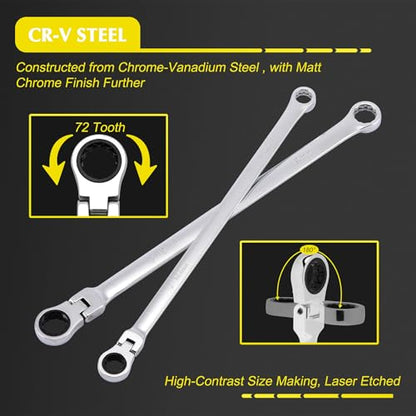 EMENTOL 27PCS Extra Long Flex Head Ratcheting Wrench Set, CR-V, Double Box End Ratchet Wrench Set with 8mm - 22mm, E8 - E22, 1/4", 3/8", 1/2" Socket Adapters Replacement Heads