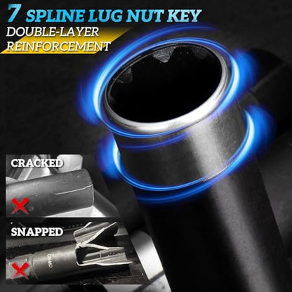 7 Spline Lug Nut Key Set 2 Piece | Alloy Steel Reinforced, Wheel Lock Removal Tool, 3/8" Drive, Thin Wall Spline Socket for Aftermarket Wheels,Cr-Mo