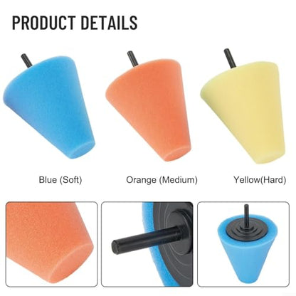 Drill Polishing Sponge Kit Cone Foam Buffing Pads Wheel Hub Cleaning Tool Curved Polisher Metal Detailing Sponges for Automotive Paint Correction and Stainless Steel Buffer Reusable Set