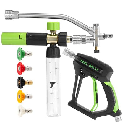 Tool Daily Short Pressure Washer Gun with Mini Foam Cannon Dual Connector | 5 Power Washer Nozzle Tips for Car Wash, 1/4 Inch Quick Connect, 3600 PSI - size: 100 ml