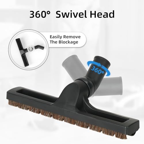 Horsehair Floor Brush for Shop Vac 2-1/2" 1-1/4" Wet Dry Vacuum Hoses, 12" Floorhead Vacuum Attachment with Horse Hair Bristles, 360-Degree Rotation, Black