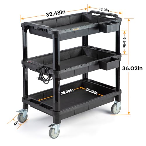 ELAFROS 3-Shelf Rolling Utility Cart with Power Strip, 32.4 x 18.3 in | Multi-Use Rolling Cart, Deep Shelves, Industrial-Grade Plastic Cart, Service Tool Cart, Work Cart, AV Equipment Storage - style: With Power Strip