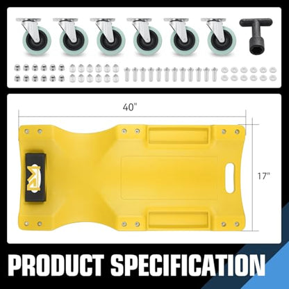 PM PERFORMOTOR 40Inch Low Profile Plastic Rolling Garage Shop Creeper with Padded Headrest,Tool Trays & 6pcs Casters, Yellow, PM-TOL-CPC40-YL - size: 40 Inches