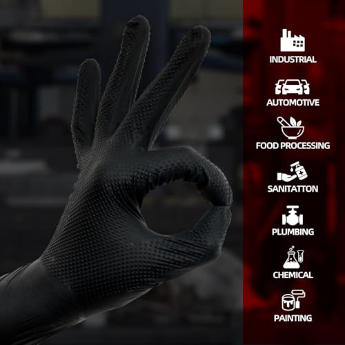 Jointown Upgraded 10 Mil Heavy Duty Nitrile Gloves, Mechanic Gloves Nitrile Disposable, with Raised Diamond Texture - color: Black 10 Mil, size: X-Large