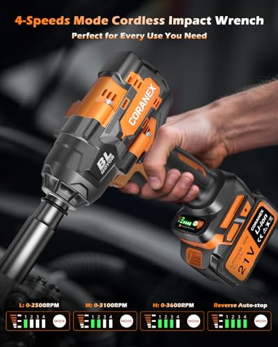 1/2" Cordless Impact Wrench | 1300N.m (960ft-lbs) | Fast Charger | 2x4.0Ah Batteries - Longer Runtime | 3 Variable Speeds | Brushless High Torque Impact Gun for Car/Mower/Pickup with Case