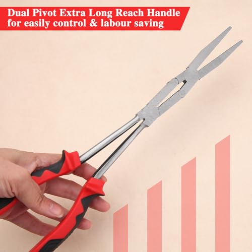 Dual Pivot Double-Joint Flat Pliers With Serrated Jaw Extra Long Reach Compound Action for Hard to Reach Narrow Spaces - style: Flat Nose