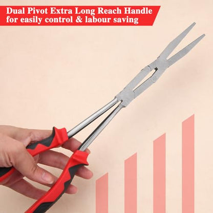 Dual Pivot Double-Joint Flat Pliers With Serrated Jaw Extra Long Reach Compound Action for Hard to Reach Narrow Spaces - style: Flat Nose