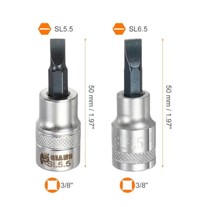 HARFINGTON 2Pcs Slotted Bit Socket 3/8" Drive SL5.5/SL6.5 S2 Steel Flat Head Screwdriver Drill Bits CR-V Steel Socket Adapter for Home Auto Axle Hex Nuts Bolts Repair - size: 3/8" Drive SL5.5/SL6.5