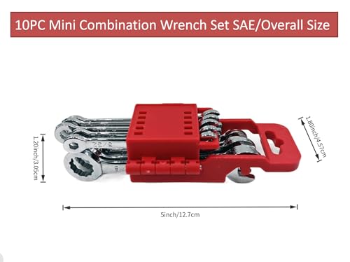 Small Wrench set, 10-Piece Mini Combo Wrench set, Ignition Wrench, Micro&Thin, SAE Size: 5/32", 3/16", 13/64", 7/32", 15/64", 1/4", 9/32", 5/16", 3/8", 7/16", with Unique Wrench Organizer (Red) - size: SAE