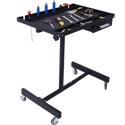 Rolling Tool Table, Heavy Duty Mobile Tool Tray Adjustable Work Table with Drawers, Rubber Corners＆Wheels, Adjustable Tear Down Work Table for Garages, Repair Shops and DIY (Black) - size: Black