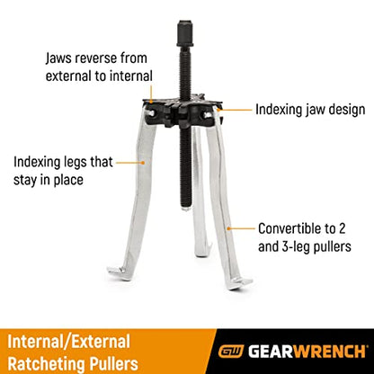 GEARWRENCH 2 or 3 Jaw Internal & External Ratcheting Leg Puller | Short & Long| 5 Ton | 3628D