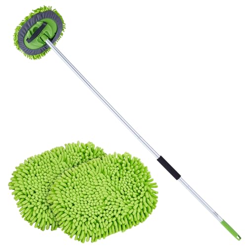 VEVOR Car Wash Brush, 62-Inch Extendable Car Washing Brush with Long Handle, Soft Chenille Fiber Car Wash Mop Mitt, 180° Rotatable Car Cleaning Brush with 1 Replacement Mop for Car, RV, Window, Floor - style: Soft Chenille Fiber head