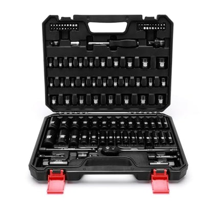 EMENTOL 109-Piece 3/8" Drive Socket Set, SAE (5/16"-15/16") & Metric (6mm-24mm), Deep & Shallow, with Ratchet Wrench, Extension Bars, Spark Plug Sockets, Universal Joint, Power Drill Adapter, Bits - size: 3/8" 109pcs