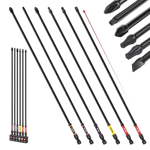 Geinxurn Impact Extra Long Screwdriver Bits Set, 6Pcs 300mm(12") Phillips/Torx/Square/Slotted/Pozi Magnetic S2 Steel Power Driver Bits Set Stored in Color Coded Base - size: 6pcs