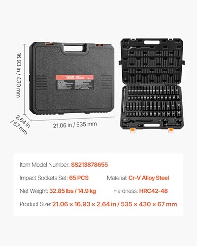 VEVOR Impact Socket Set, 1/2" Drive, 65-Piece Socket Set, 6 Point Sockets, SAE 3/8" to 1-1/4" and Metric 10-24 mm, Easy to Identify, with a Sturdy Storage Case, Cr-V Alloy Steel for Vehicles Repair - size: 1/2" 65PCS