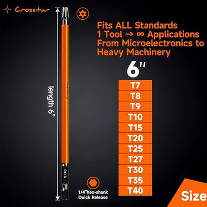 Crosstar 3" and 6" Impact Long Torx Bit Set 29pc (TT7-TT40) S2 Steel Security Tamper Proof Star Bits, 1/4" Hex-Shank Magnetic Holder & Storage Box w/Magnetizer - size: T7-T40 (3IN & 6IN)