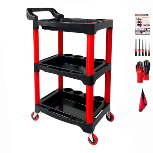 Auto Detailing Cart with Wheels, 3 Tier Rolling Detail Cart | Car Wash Organizer for Detailers Garage, Workshop, Repair Shop, Storage Tool - color: Standard
