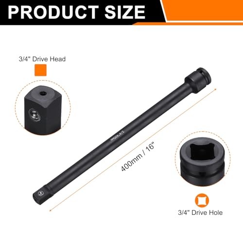HARFINGTON Impact Socket Extension Bar 3/4" Square Drive 16" Long CR-V Steel Extension Rod Ratchet Wrench Driver Adapter for Axle Nut Sockets, Black - size: 3/4" Square Drive 16" Long