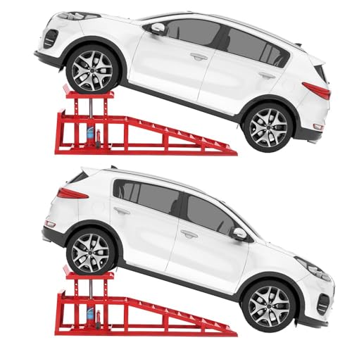 Heavy Duty Hydraulic Car & Truck Service Ramps, 2 Pack, 5 Ton (11000 lbs) Capacity - Adjustable Low Profile Lift 9.8"–16.21" - Ideal for Oil Changes and Garage Use - Red - color: Red