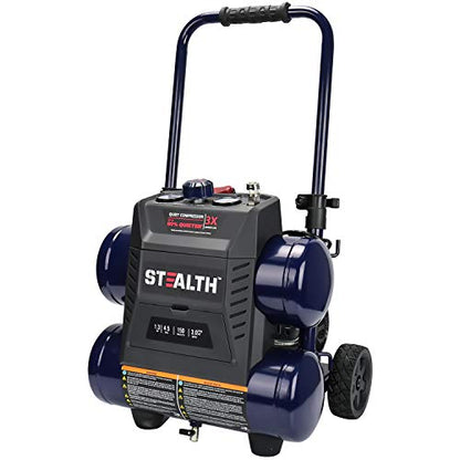 Stealth Quiet Air Compressor with Wheel, 64 Decibel 4.5 Gallon Peak 1.3 HP Max 150 PSI, Oil-Free Air Pump, 3 CFM @ 90 PSI Portable Air Compressor for Garage, Workshop, Jobsite SAQ-1413