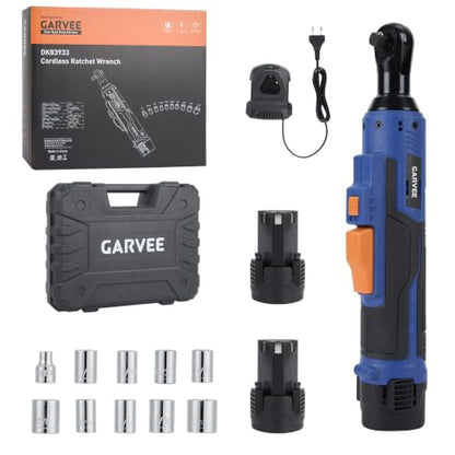 3/8" Cordless Ratchet Wrench Set, 45Nm High Torque Electric Ratchet with 300RPM Variable Speed, Fast Charger, 21V Max & 2×2.0Ah Batteries, 10 Sockets, LED Work Light and Case