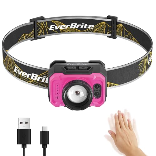 EverBrite 600LM Rechargeable Headlamp, Motion Sensor Head Lamp for Adults | Zoomable Beam, Motion Sensor, Memory Function, 600LM, Rechargeable, 75° Tilt, Spot & Floodlight, Camping, Work, Emergency - color: Rose Pink