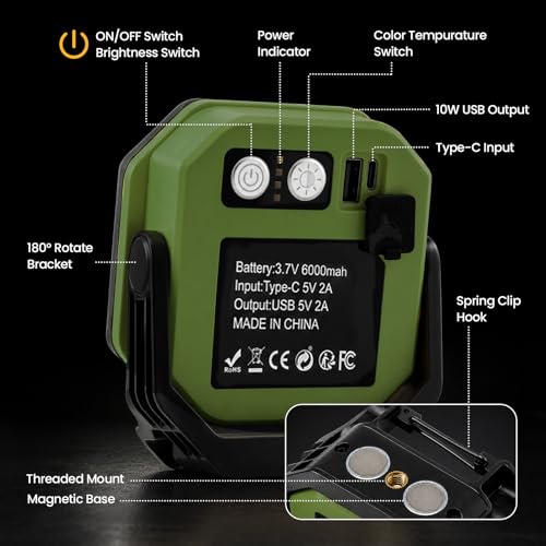 2-Pack 6000mAh Rechargeable LED Work Light, 16Hrs Long-Lasting 1200LM Waterproof Magnetic Job Site Lighting, 180° Rotating 4 Modes 6500K Work Lamp for Car Repair Mechanic Camping Fishing Emergency - color: Green