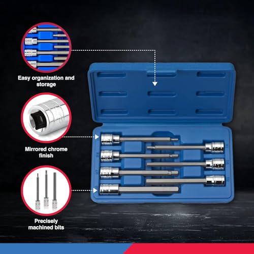 Neiko 10072A 3/8-Inch Drive Extra Long Allen Hex Bit Socket Set, SAE, 1/8-Inch - 3/8-Inch | S2 and Cr-V Steel, 7-Piece Set - style: SAE