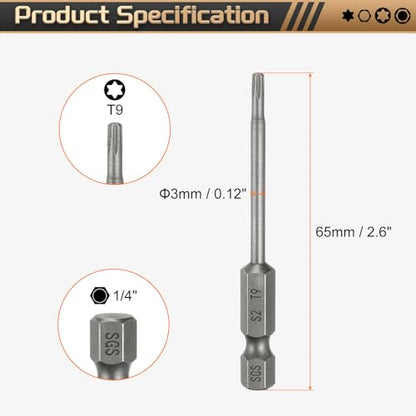 HARFINGTON 3pcs T9 Torx Head Screwdriver Bit 1/4" Hex Shank 2.6" (65mm) Long Magnetic No Hole Tip Tamper Proof 6 Point Star Screw Driver Drill Bits S2 Steel Industrial Power Screwdrivers - size: T9 x 2.6"(65mm)