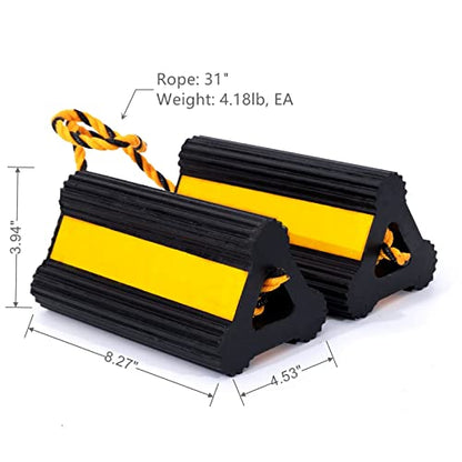 Wheel Chock Heavy Duty Rubber Trailer Wheel Chocks with Yellow Reflective Visibility Tape and Yellow Nylon Rope for Concrete Slopes or Ground Leveling (4 Pack) - color: yellow-4