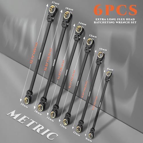 SUZUME Extra Long Flex Head Ratcheting Wrench Set 6PCS (8-19mm) Double Box End Metric EVA Foam 180° Flexible Head 15K Gear Cycles Tested Black Chrome Finish CR-V Steel for Tight Engine Bays with Pouch - size: 6-Piece