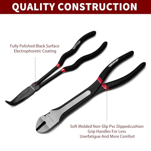 WISEUP 5Pcs Long Needle Nose Pliers Set ，Premium Carbon Steel | 11" Long Reach Straight ，45° Bent Nose ，90° Bent Nose Plier，Diagonal Pliers for Narrow Spaces