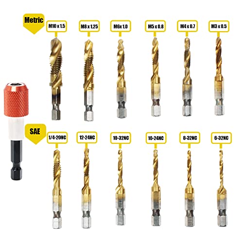13 Pack Titanium Drill Tap Bit Set, SAE Metric Tap Drill Bits for Metal | Combination Tap Drill Bits for Drilling, Tapping, Deburring and Countersinking Screw Thread with Quick Change Bit Holder