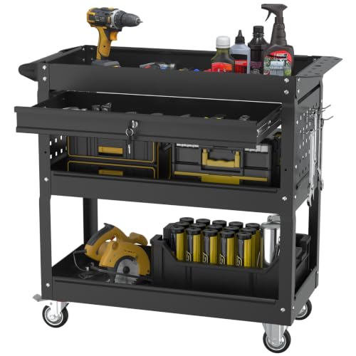 3 Tier Rolling Cart, Heavy Duty Utility Industrial Service Carts on Wheels, Metal Tool Cart with Locked Drawers, Ideal for Garage, Warehouse and Repair Shop（Black） - color: Black