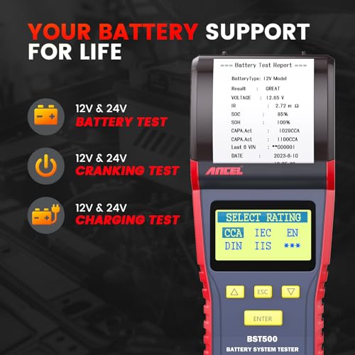 ANCEL BST500 Car Battery Tester with Printer, 12v 24v Automotive Battery Load Tester, Cranking Charging System Analyzer, 99.99% Accuracy for Car Motorcycles Truck SUV ATV RV and More - size: BST500