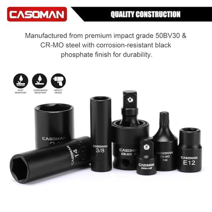 CASOMAN 153-Piece 1/4" & 3/8" & 1/2" Drive Master Impact Socket Set with Case, Professional Standard and Deep Socket Tool Set, 6 Point, SAE and Metric Sizes - size: 1/4" & 3/8" & 1/2" Drive