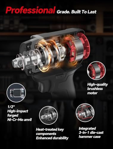ROTAKE 20V Compact 1/2" Cordless Impact Wrench Kit, 580 FT-LBS, TB1 | 5.0Ah Battery, Brushless Motor, 3-in-1 Unibody Hammer Housing, Soft Start, Forward LED, 4A Rapid Charger, Hard Carrying Case - size: 1/2" (580 ft-lbs) TB1
