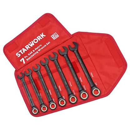 STARWORK TRUE MECHANIC™ 7-Piece 2-in-1 Ratcheting Wrench Set with Rolling Pouch, 120-Tooth, SAE&Metric - size: 7-Piece 120-Tooth