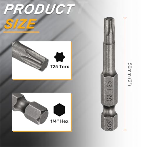 HARFINGTON 10pcs T25 Torx Head Screwdriver Bit 1/4" Hex Shank 2" (50mm) Long Magnetic No Hole Tip Tamper Proof 6 Point Star Screw Driver Drill Bits S2 Steel Industrial Power Screwdrivers - size: T25 x 2"