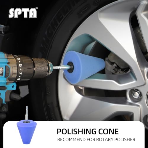 SPTA Polishing Cone, Car Wheel Hub Drill Buffing Sponge Pads Kit, Polishing Ball (Blue T80 Medium Cut Polishing Cone) - color: Blue T80 Medium Cut Polishing Cone