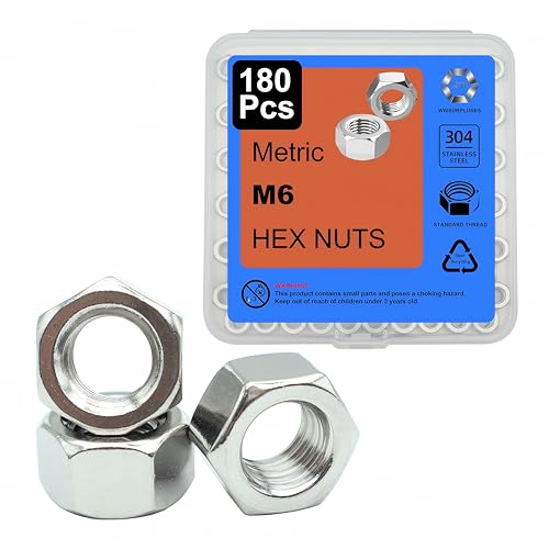 180 Pcs M6-1.0 Hex Nuts, 304 Stainless Steel | Standard Metric Coarse Thread, Hardware Nuts - size: M6 (180Pcs)