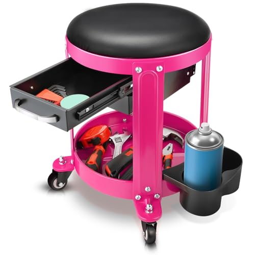 Auto Dynasty Round Mechanics Roller Seat, 300 LBS Capacity Rolling Creeper Garage Shop Seat with Drawers and Tool Tray, Mechanic Stool with Removable Padded Seat for Workshop Auto Repair, Purple - color: Purple