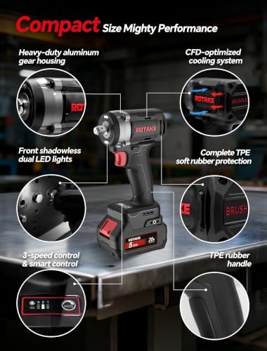 ROTAKE 20V Compact 1/2" Cordless Impact Wrench Kit, 580 FT-LBS, TB1 | 5.0Ah Battery, Brushless Motor, 3-in-1 Unibody Hammer Housing, Soft Start, Forward LED, 4A Rapid Charger, Hard Carrying Case - size: 1/2" (580 ft-lbs) TB1