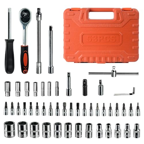 53 Pieces Socket Wrench Set Drive Socket Set with 1/4 Inch Ratcheting Wrench Plastic Toolbox Storage Case for Automotive Repair And Home Use - color: Gjx53s