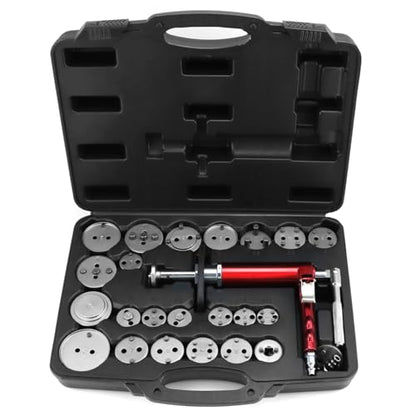 QWORK 24-Piece Pneumatic Brake Caliper Tool Set with Case – Compatible with American, European, Japanese Vehicles, Includes Rewind Tool, Adapters, Brake Caliper Wind Back Tool Professional Brake Tool