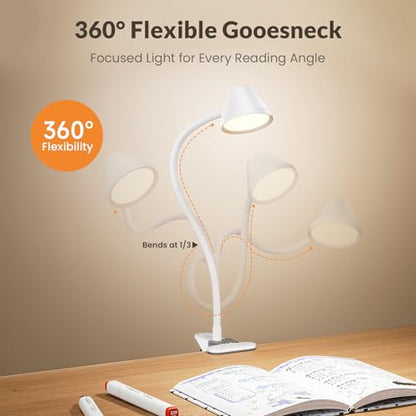 LEPOWER Clip on Light, Reading Lights for Books in Bed, 400LM, RG0 Eye-Care | 5 Colors & Stepless Dimming, Amber Glow Light & Auto Timer, Up to 2.3" Strong Clamp with Adapter for Headboard, Bedside, Desk - color: White