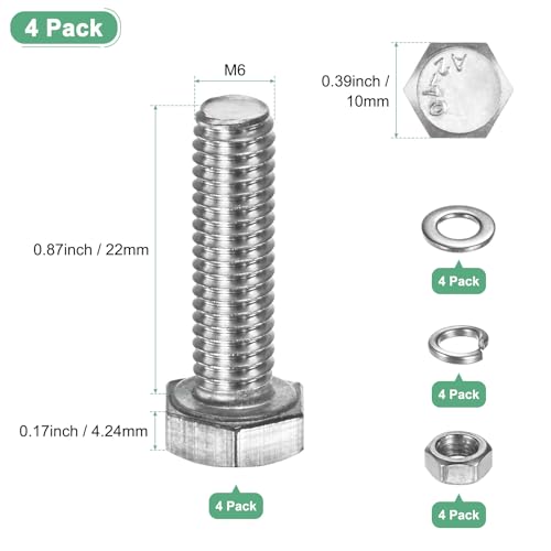 M METERXITY 4-Pack Hex Head Screw Bolt with Nuts Flat & Lock Washers M6x22mm Stainless Steel Bolts and Nuts Kit Fully Threaded Metric Bolt Assortment for Equipment/Machinery - size: M6 x 22mm